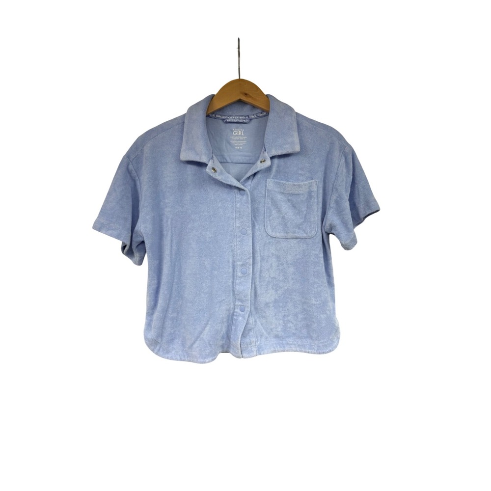 Athleta Girl Jump In Button Down Terry Cloth Shirt Blue Short‎ Sleeve M 8-10